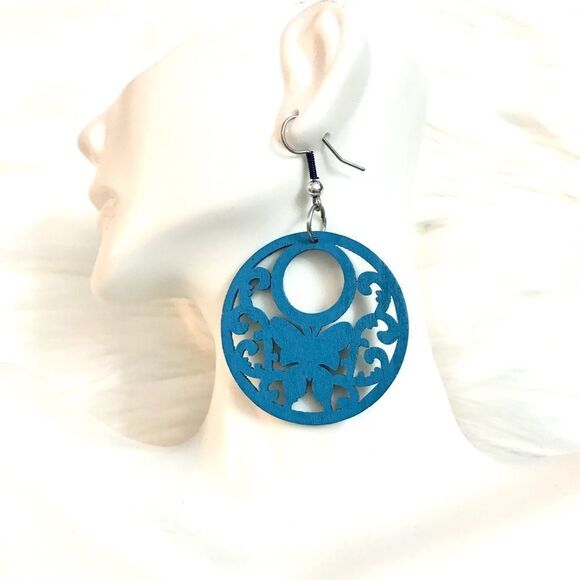 Blue laser cut wooden Earrings - Picture 1 of 2